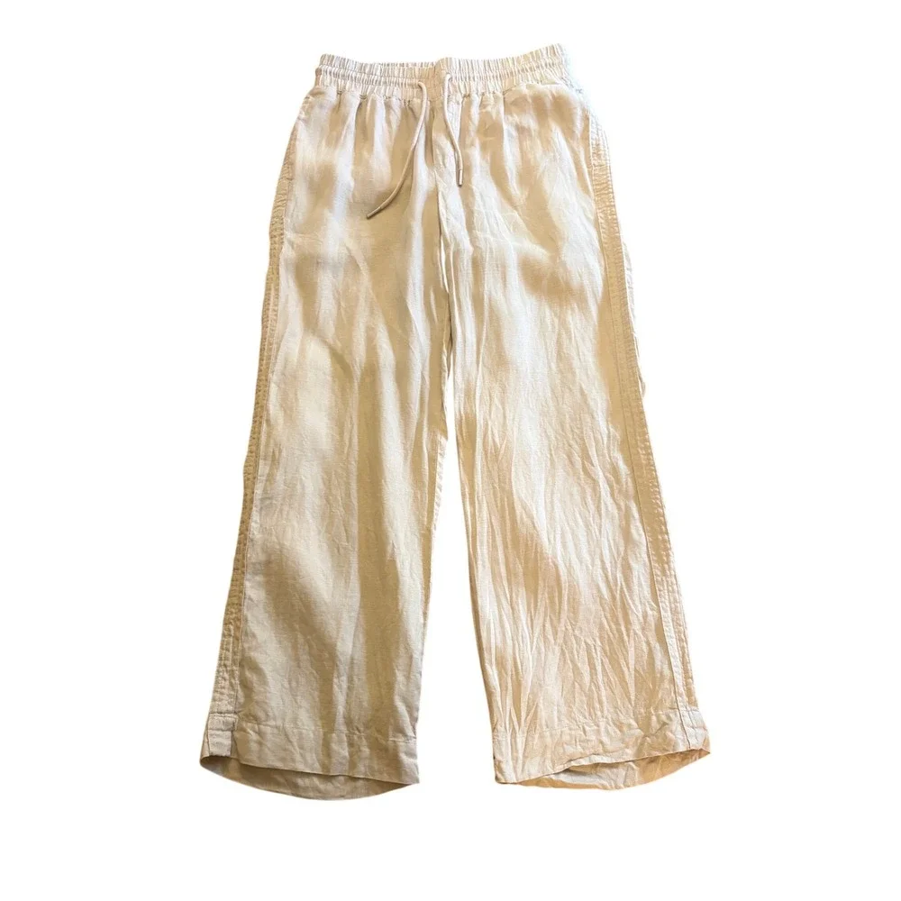 Quince Womens 100% Linen Wide Leg Drawstring Pants Oatmeal Beige Size L